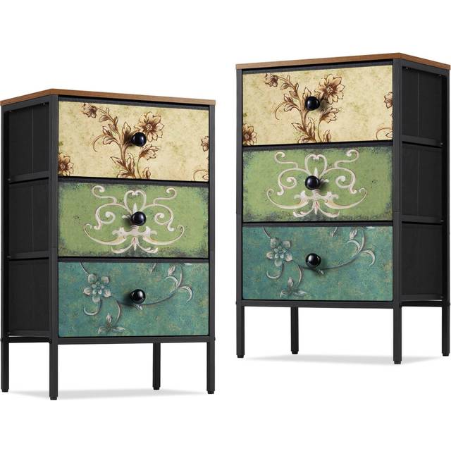 LYNCOHOME Bedside Tables Set of 2,Nightstand with 3 Drawers,Fabric Storage Cabinet Drawers,Furniture Sets for Bedroom,LivingRoom,Nursery,2 Pack