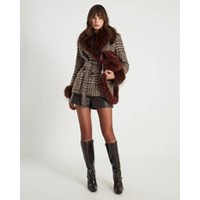 River Island Womens Brown Faux Fur Collar Check Wrap Coat - 16