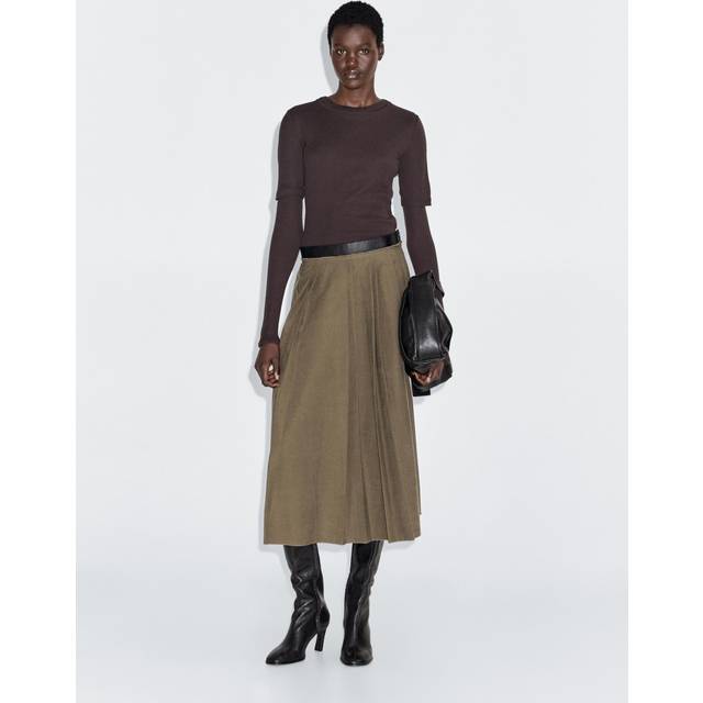 Pleated Midi Skirt With Waist Detail - Mink - 14 - Massimo Dutti - Women