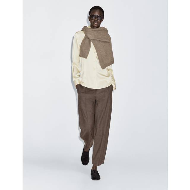 Barrel Fit Wool Blend Trousers - Mole Brown - 12 - Massimo Dutti - Women