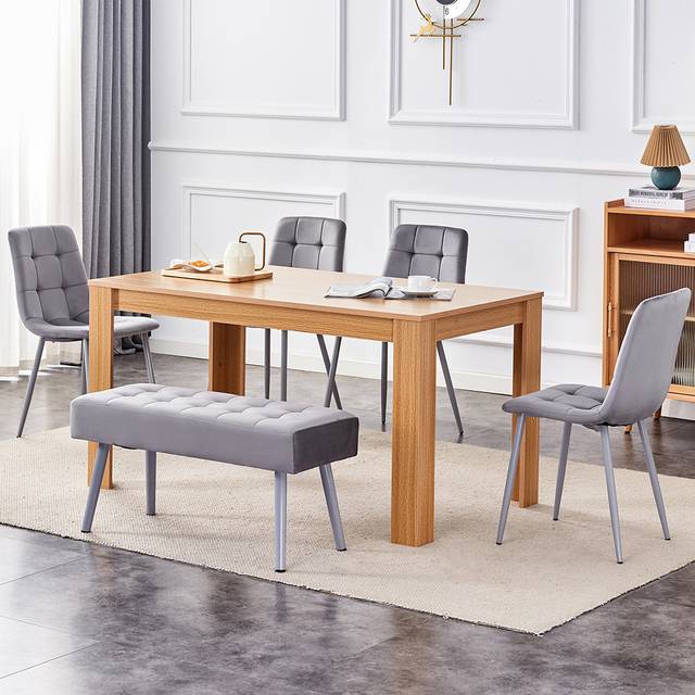 Kosy Koala 6 Seater Dining Set with Bench Oak Effect and Grey Velvet - Multi