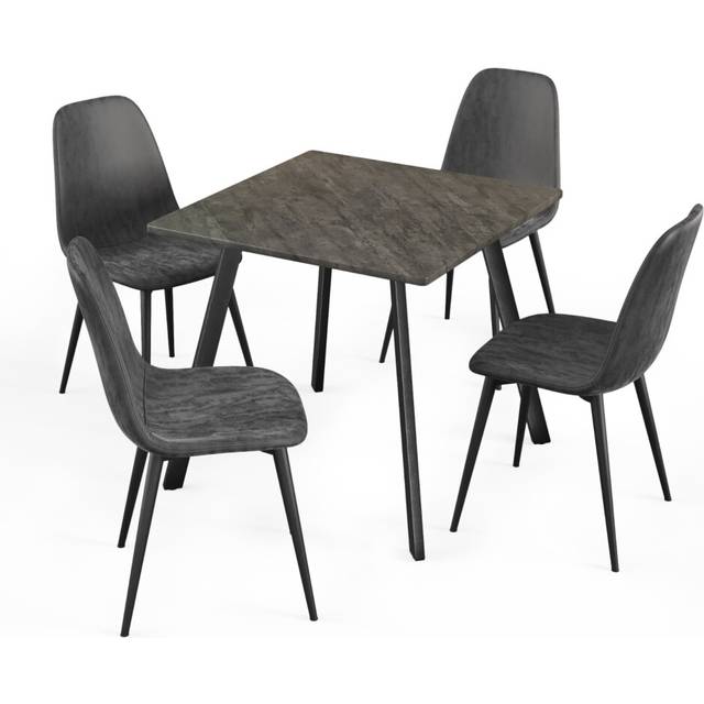 Urbn-Living Urbnliving 75Cm Height Slate Grey Wooden Dining Table & 4 Faux Pu Leather Black Chairs Set Metal Legs Kitchen Furniture - One Size