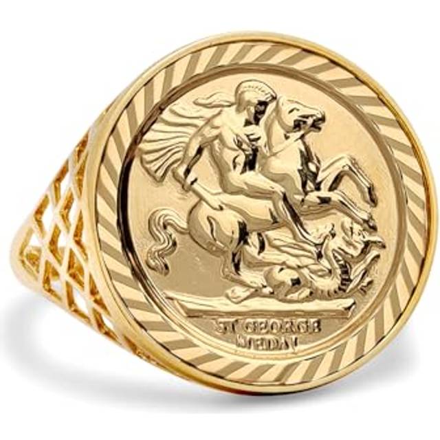 (N) Jewelco London Men's Solid 9ct Yellow Gold St George Dragon Slayer Basket Half-Sovereign-Size Ring
