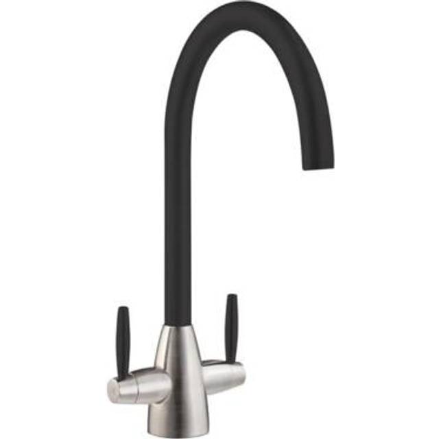 Liquida Lb01Bl Swan Neck Twin Lever Brushed Steel And Black Kitchen Tap - One Size