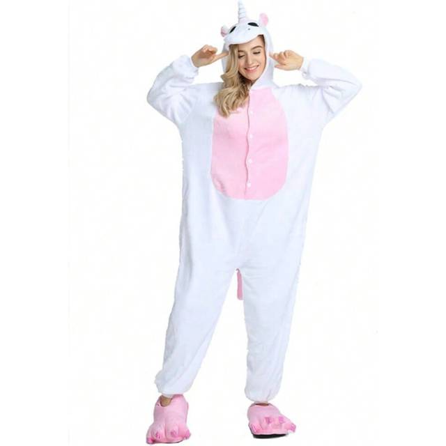 (jumpsuit, L(Height 166-175CM)) Pink and White Cartoon Animal Warm Hooded Pajamas Women Kigurumi Unicorn Cosplay Costume One-piece Sleepwear Adults Lo