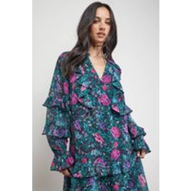 Oasis Printed Boho Ruffle Button Down Mini Dress In Black - black - 18