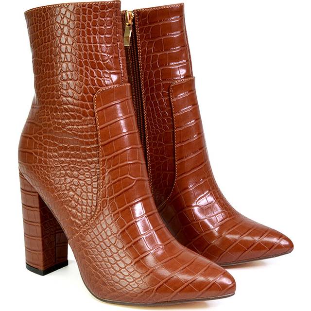 Xy London 'sugar' Block High Heel Zip-Up Ankle Boots With A Pointed Toe In Brown - 7