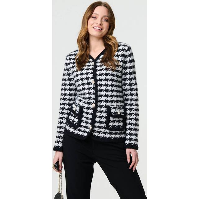 Izabel London Houndstooth Long Sleeve Cardigan In Black - 14