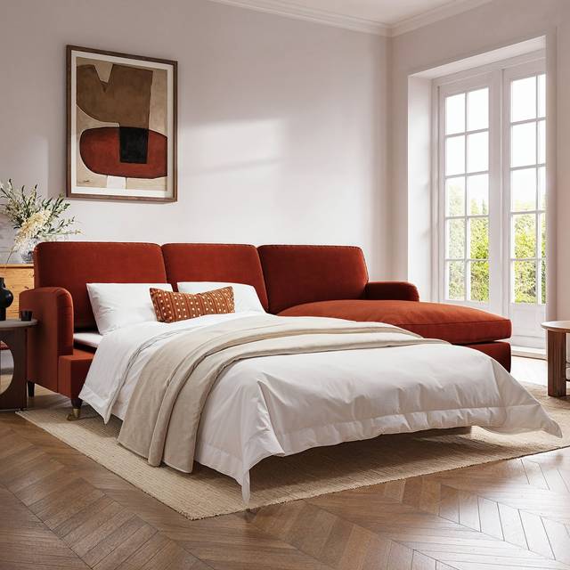 Burnt Orange Velvet Right Hand 4 Seater Chaise Corner Sofa Bed - Payton