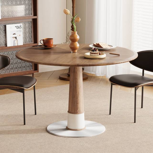 Round Dining Table, 120cm Solid Wood in Walnut with Silver Metal Base - Brown Wood