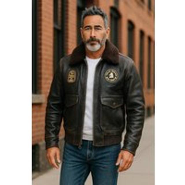 Infinity Leather Men's Leather Bomber Sheepskin Collar G-1 Aviator Jacket - Ararat in Jet Black | Size: Small