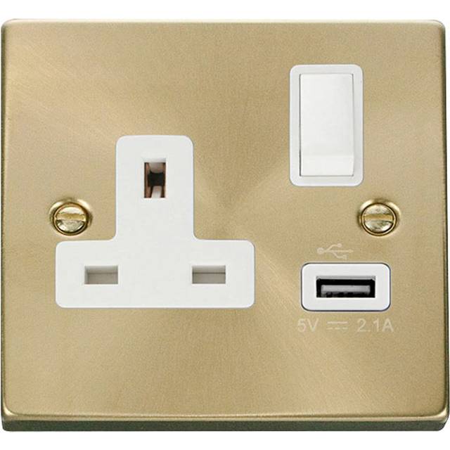 Satin Brass 1 Gang 13A DP 1 USB Switched Plug Socket - Gold