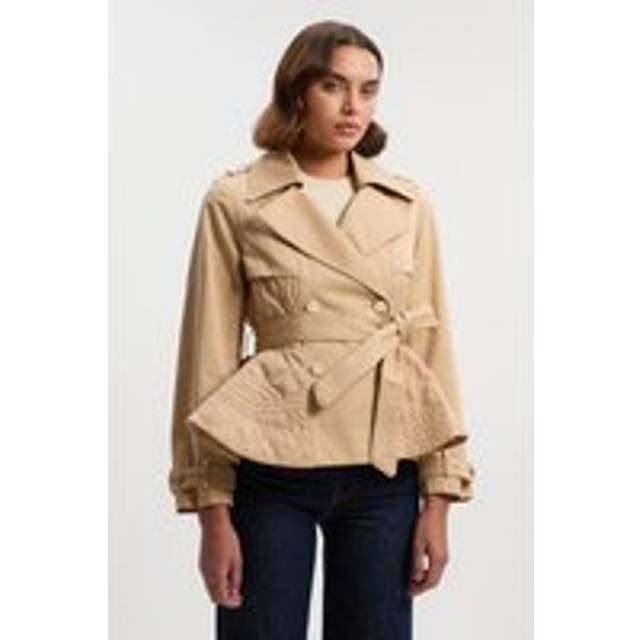 Karen Millen Women's Quilted Padded Peplum Short Trench Coat in Camel | Size: 16