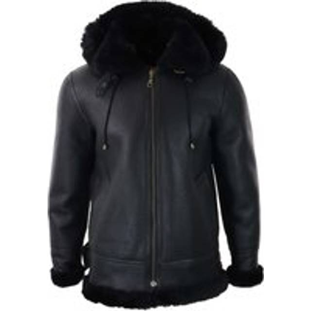TruClothing Men's Sherling Sheepskin Hood Jacket Aviator in Black | Size: Large