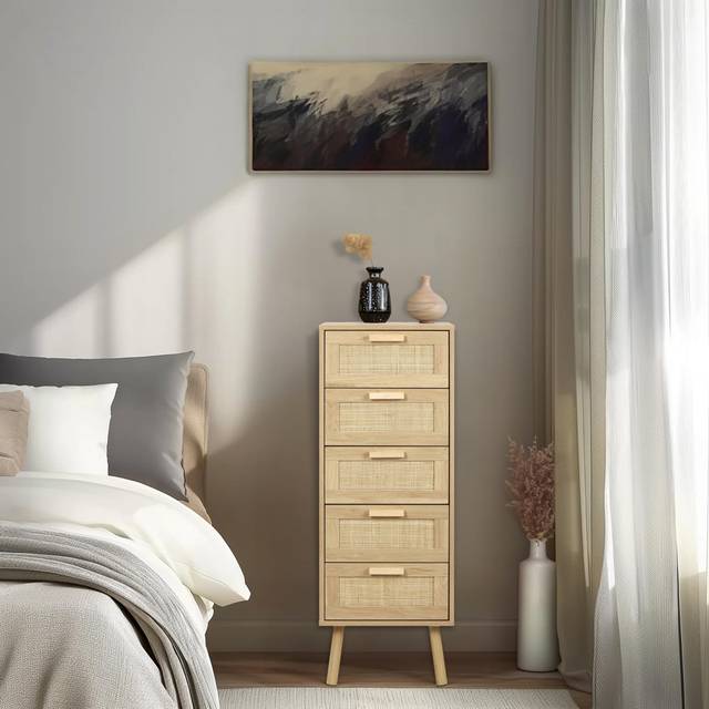 Tall Chester Drawers with 5 Hand Made Rattan Decorated Drawers for Bedroom - Natural (108cm H X 40cm W X 39.5cm D)