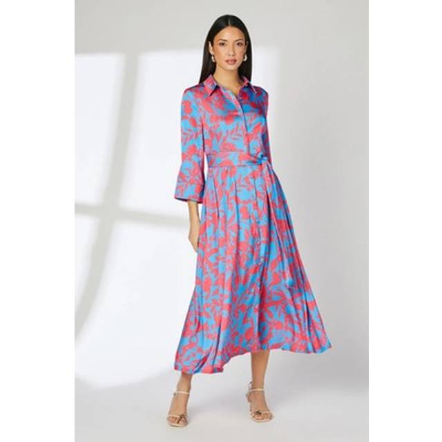 Debenhams Blue Floral Print Belted Satin Shirt Dress - blue - 10
