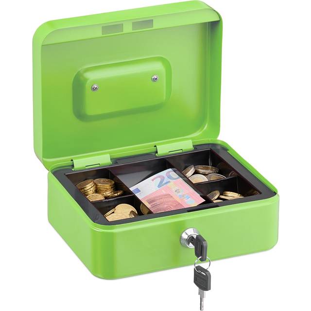 Relaxdays - Cash box lockable, removable insert, 5 compartments, iron money box, HxWxD: 8.5 x 20 x 17 cm, green