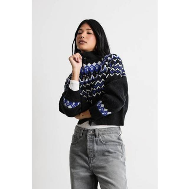 Warehouse Fairisle High Neck Chunky Knit Cardigan In Black - black - S