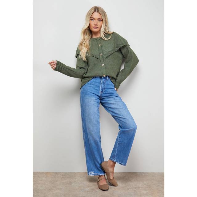 Oasis Cape Detail Button Down Crew Neck Cardigan In Khaki - khaki - S