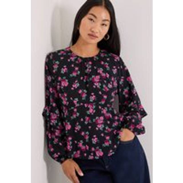 Dorothy Perkins Petite Black Floral Ruffle Blouson Sleeve Empire Seam Blouse In Pink - pink - 6