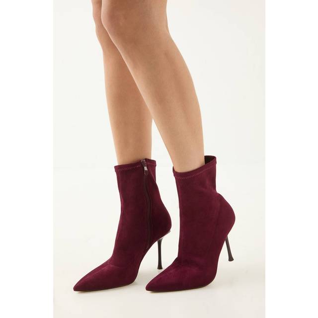 MISSPAP Women's Faux Suede Pointed High Stiletto Heel Sock Ankle Boot in Burgundy | Size: 3