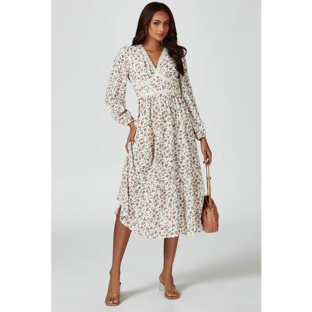 FS Collection Women's Floral Print Long Sleeve Midi Dress In White | Size: Large