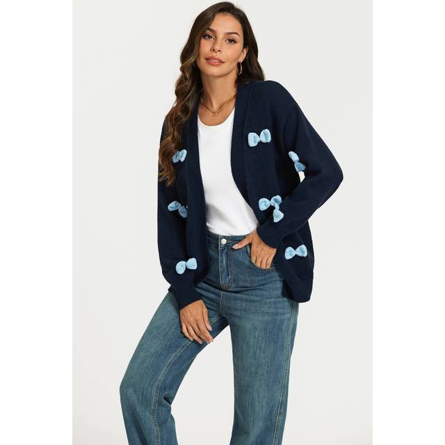 FS Collection Women's Light Blue 3 D Bow Cardigan In Navy - One Size