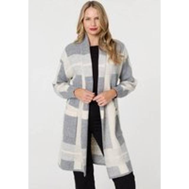 Izabel London Women's Checked Open Front Longline Cardigan in Grey | Size: 12