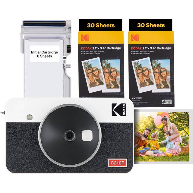 KODAK Mini Shot 2 Retro 4Pass 2-in-1 Instant Camera and Photo Printer (5.3 x 8.6 cm) + Initial 8 Sheets + 60 Sheets Bundle, White