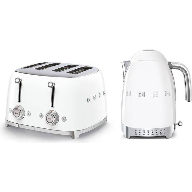 Smeg TSF03, KLF04 4-Slice Toaster & 1.7L Variable Temperature Kettle Set in White - One Size