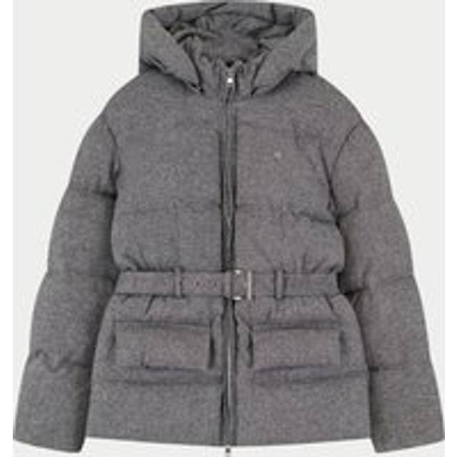 Woven Belted Puffer Coat - Grey - Gray