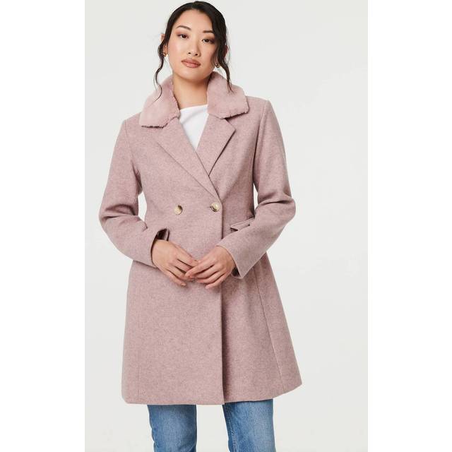 Izabel London Fur Trim Double Breasted Longline Coat In Pink - 16