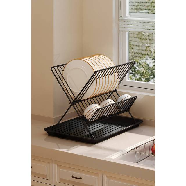 Living And Home 2 Tier Foldable Countertop Dish Drying Rack With Drip Tray In Black - One Size