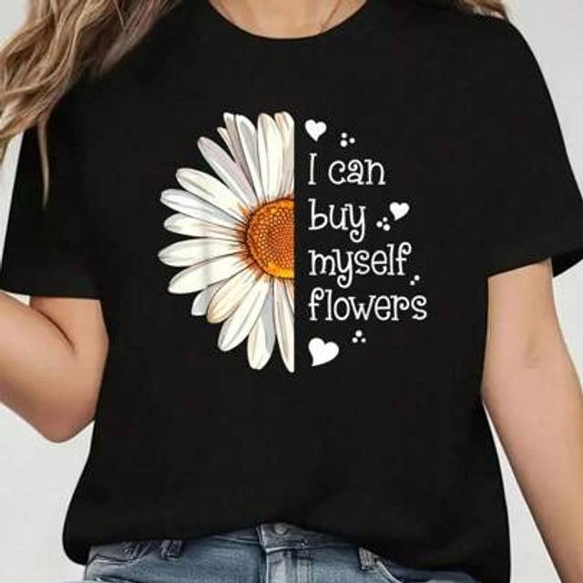 SHEIN &#34;Empowering Women&#39;s Black 180g Cotton Graphic T-Shirt - &#39;I Can Buy Myself Flowers&#39; Inspirational Daisy Print, Casual Round Neck Short Sleeve Tee For C