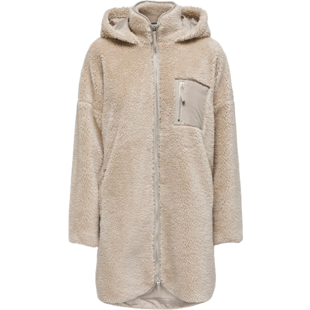 Sherpa Mid-Length Coat with Zip-Up Hood - beige - M/L