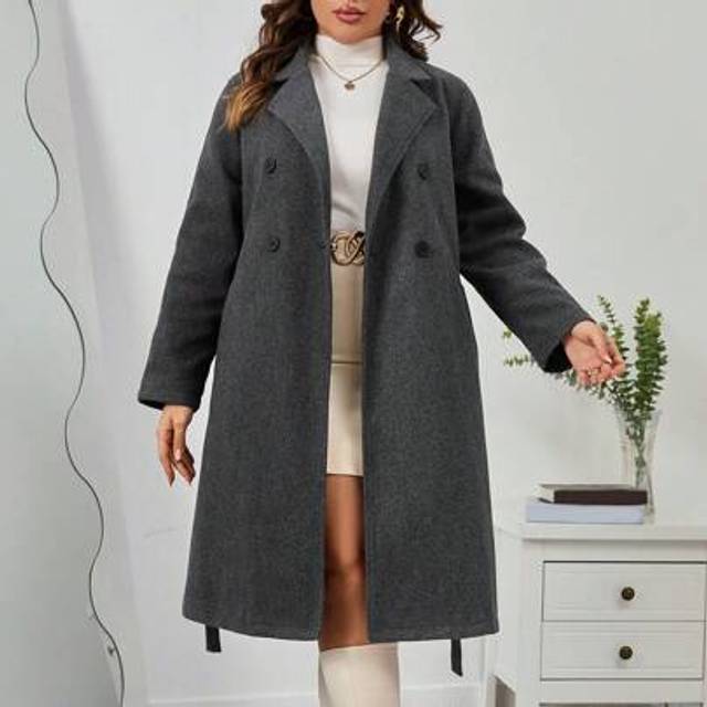 SHEIN Plus Lapel Neck Double Breasted Belted Overcoat In Fall/Winter