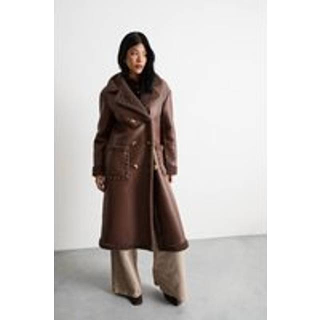 Warehouse Whipstitch Faux Leather Shearling Coat In Chocolate - chocolate - 8