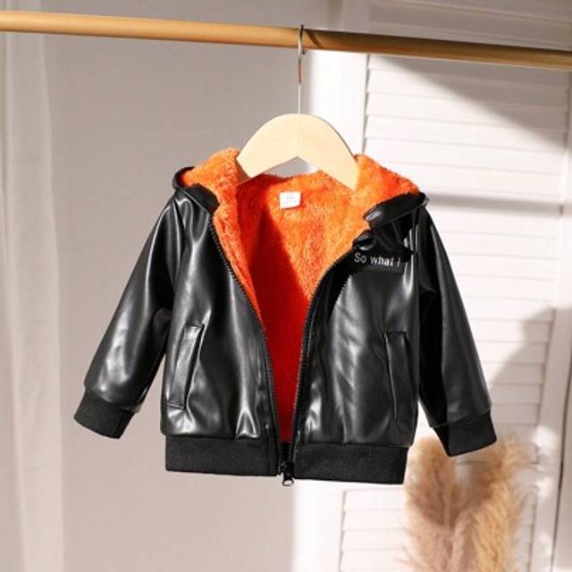 SHEIN Baby Boy Patch Detail Teddy Lined Black Faux Leather Long Sleeve Hooded Jacket, Spring Autumn & Winter