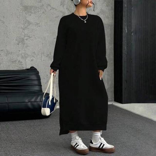 SHEIN Plus Size Loose Casual Long Fleece Sweatshirt Dress, Autumn/Winter Sweater Dress Women