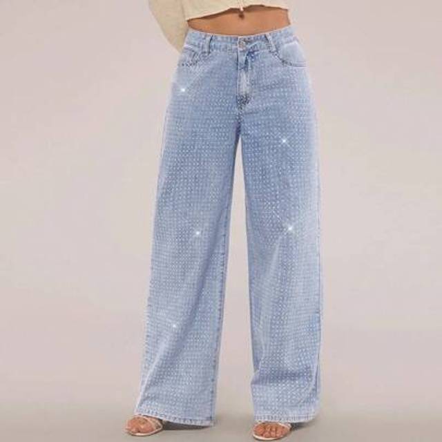 SHEIN Vintage Wash Scattered Diamante Detail Straight Leg Jeans Spring Mid Rise Jeans Festival Summer Bottoms Rhinestone Jeans Bling Jeans Wide Leg Jeans Wo