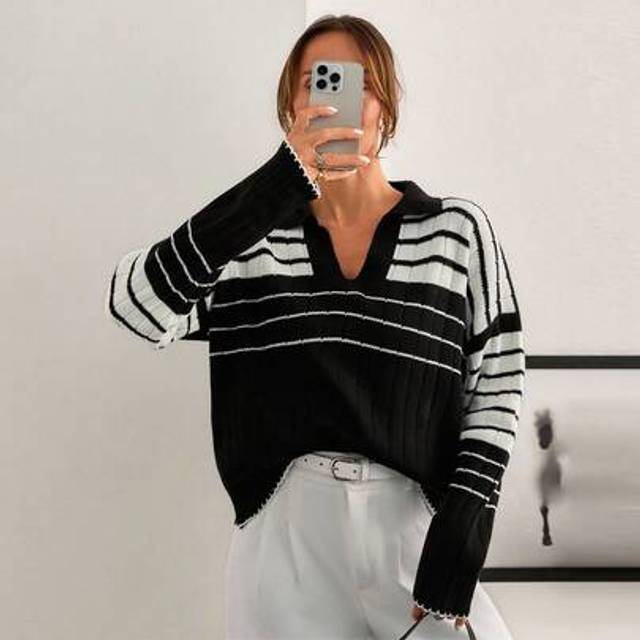 Quick Fashionhub Women Stripe Pattern Rib Knit Polo Neck Drop Shoulder Pullover Striped Sweaters For Women Womens Knitwear Black And White Striped Jumper Womens Pullov