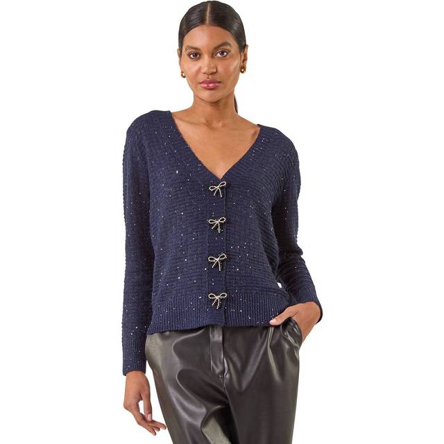Roman Bow Embellished Sequin Knit Cardigan In Navy - 20