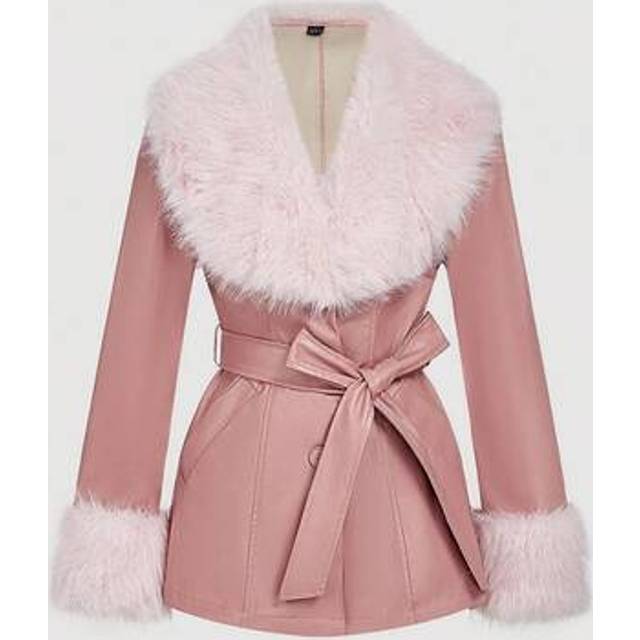 SHEIN Women&#39;s Pink Faux Fur Collar PU Leather Trench Coat, Pink Coat, Faux Fur Coat,Party Outfit,Christmas Outfit,Halloween,Winter Clothes For Women,Thanksg