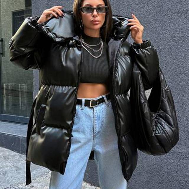 Quick Fashionhub Faux Fur Neck Detailed, Faux Leather Puffer Winter Coat