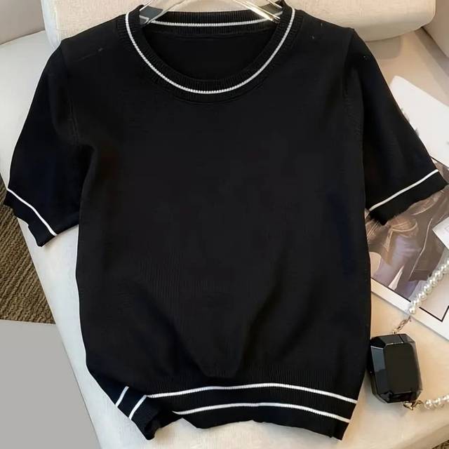 TEMU Women's Elegant Black Striped Sweater - Short Sleeve Round Neck Casual Pullover With White & Gray , Medium Stretch For Spring Summer Fall, Versatile For Casual & Formal Wear, Ladies Sweaters,