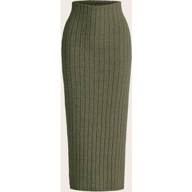 SHEIN Elegant Plus Size Green Ribbed Knit Straight Skirt Long Plain Knitted Pencil Skirt With Split Detail For Curvy Women
