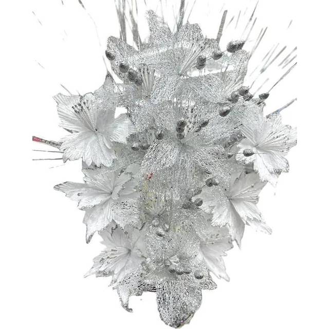 TEMU Silver & White Glitter Artificial Flower Bunch – 35cm Elegant Foam & Silk Floral Arrangement For Vase, Wedding, Home, Office & Holiday Decor
