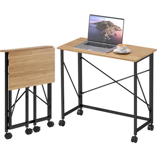 Homcom Klapbord Med Hjul Pladsbesparende Stål MDF Eg Skrivebord