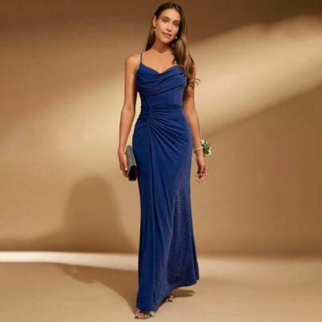 SHEIN Ruched Front Glitter Cami Dress Elegant Formal Evening Prom Wedding Guest Gown, For Graduation, Dinner Party Dress