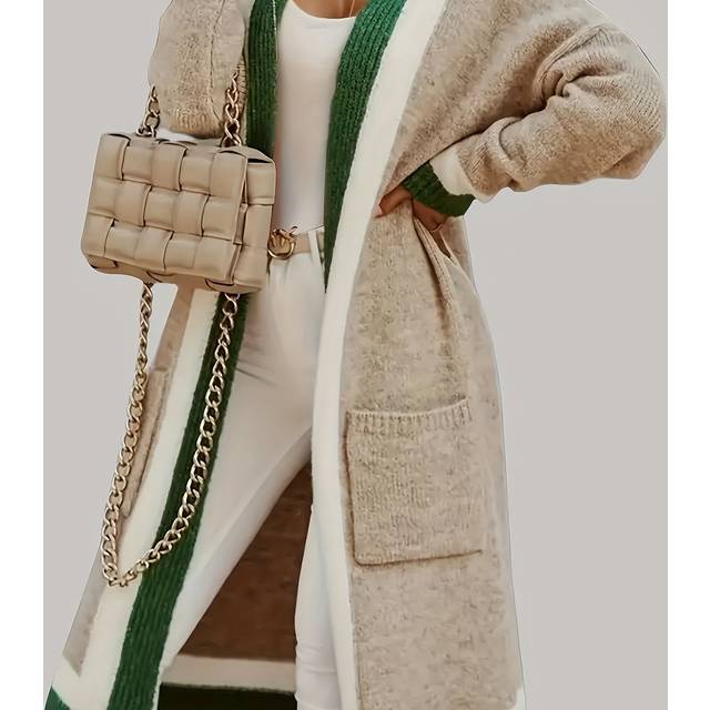 TEMU Women's Plus Size Knit Cardigan With Pockets, Casual V-neck, Stretchy Nylon Fabric, Striped Color Design, Open Front, Autumn/